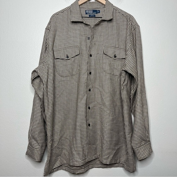 VTG Polo Ralph Lauren Men Beck Shirt Large 100%‎ Wool Houndstooth Brown Pockets - Picture 1 of 10